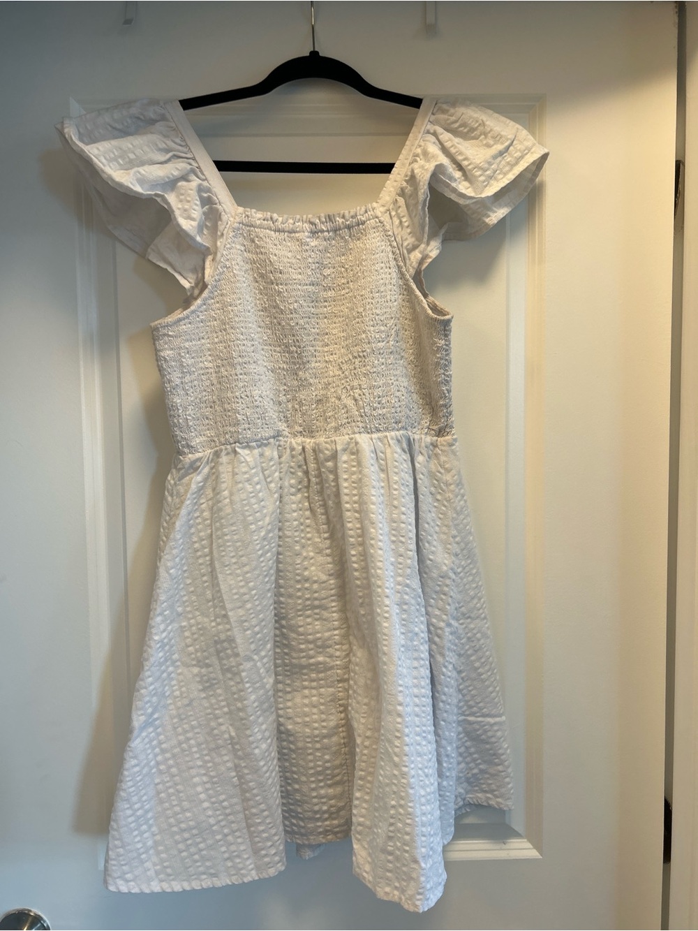 Girls White Textured Ruffle Sleeve Dress